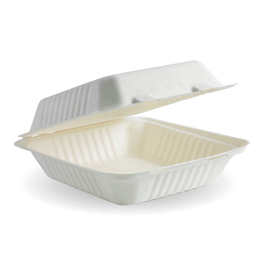 9x9x3’’ White Bagasse Clamshell (10,000)